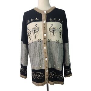 One Step Up Gray Tan Black Lambswool Angora Button Up Sweater Cardigan XL 18 20